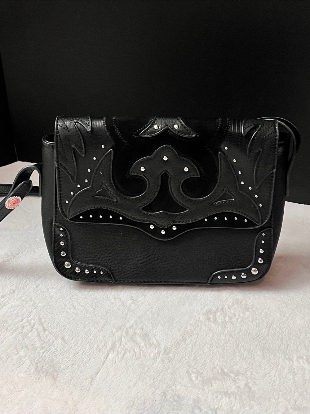 Black Embossed  Crossbody Bag with Stud Details